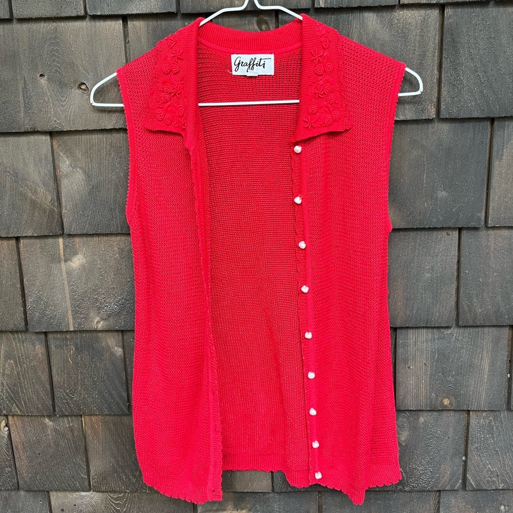90e Vintage Knit Rose Vest w Faux Pearl Buttons